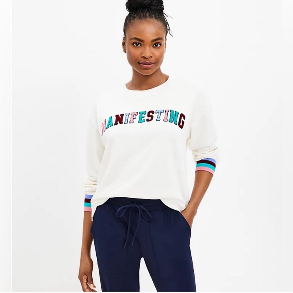 Lou & Grey Graphic - Manifesting Cotton Terry Sweatshirt Size M Cream Colo…